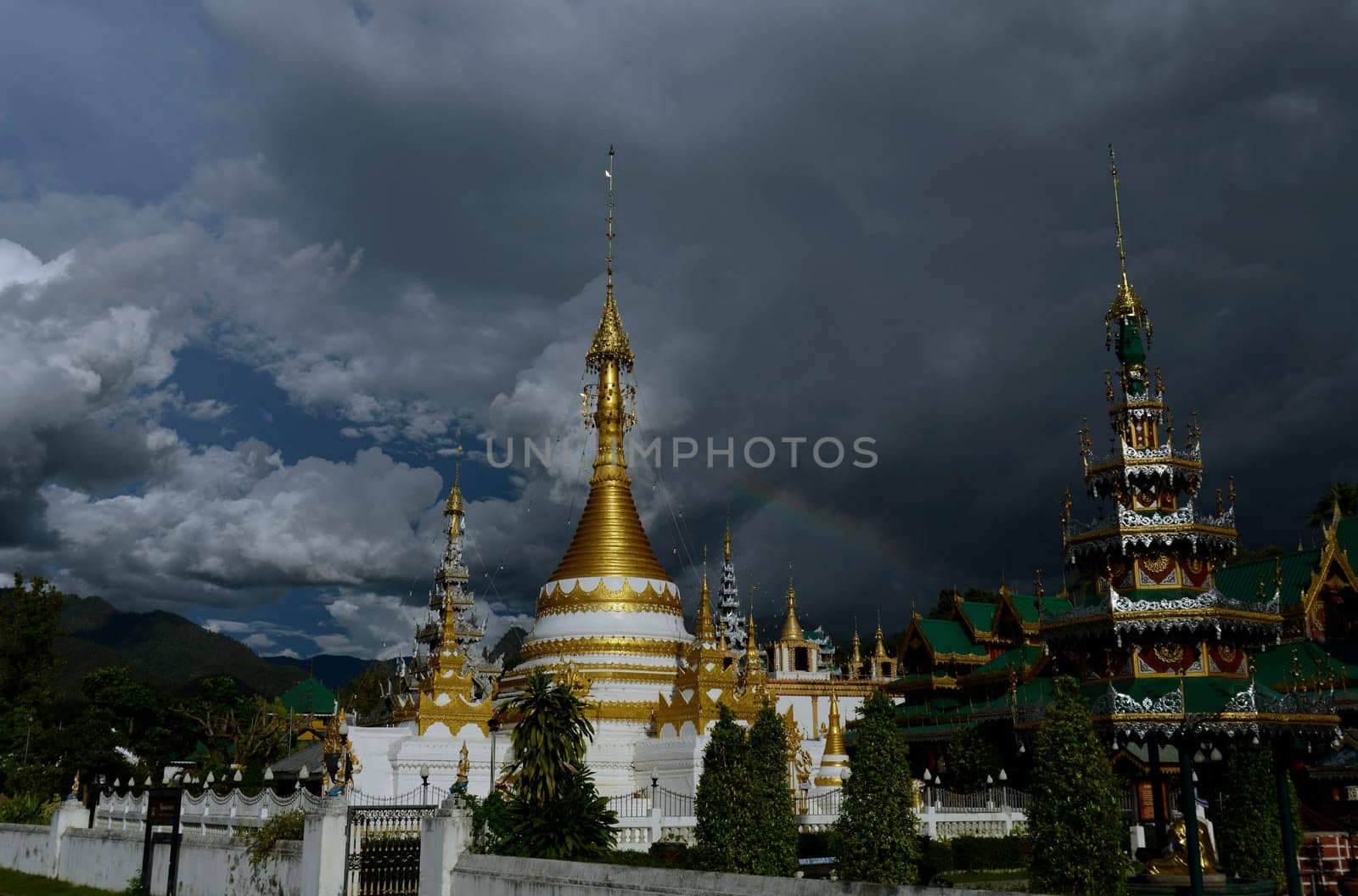 The Wat Jong Kham and Jong Klang temple on Lake Nong Jong Kham in the village of Mae Hong Son in northern Thailand in South East Asia.