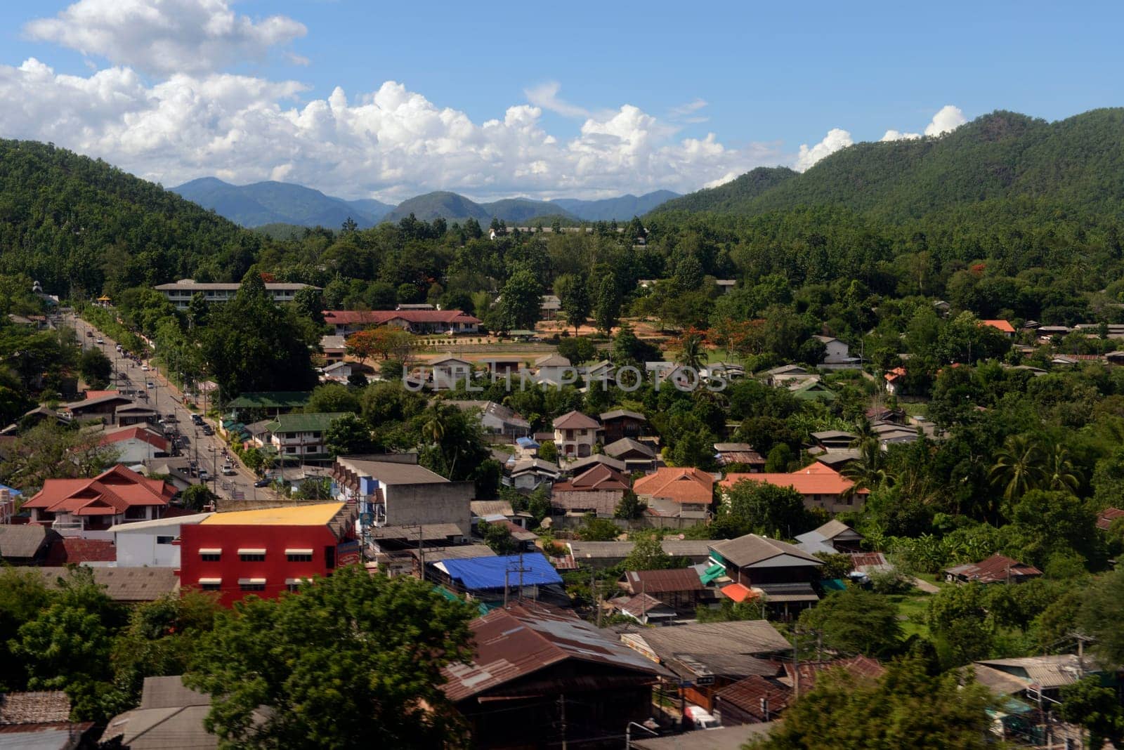 View from a plane landing on the village of Mae Hong Son in northern Thailand in South East Asia.