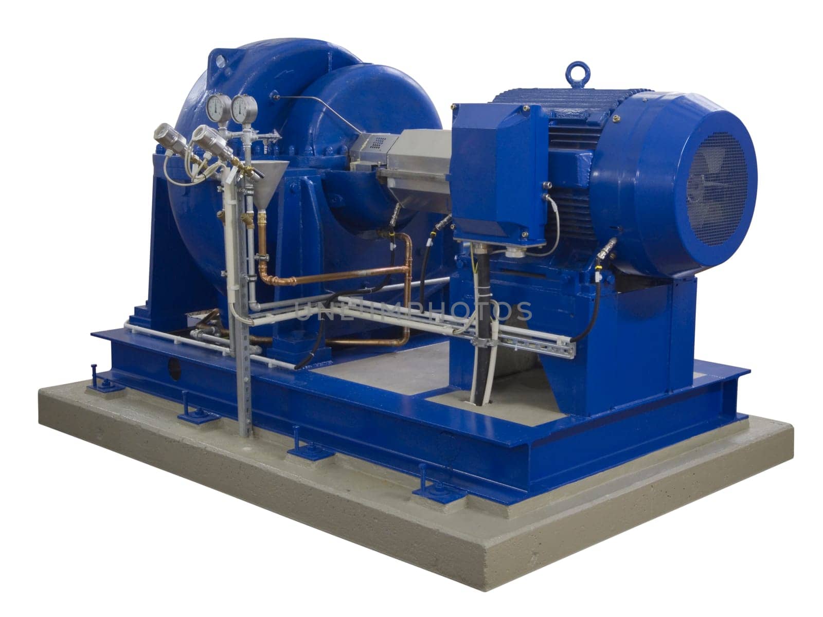 blue industrial pump with electric motor insulated on concrete base on white background