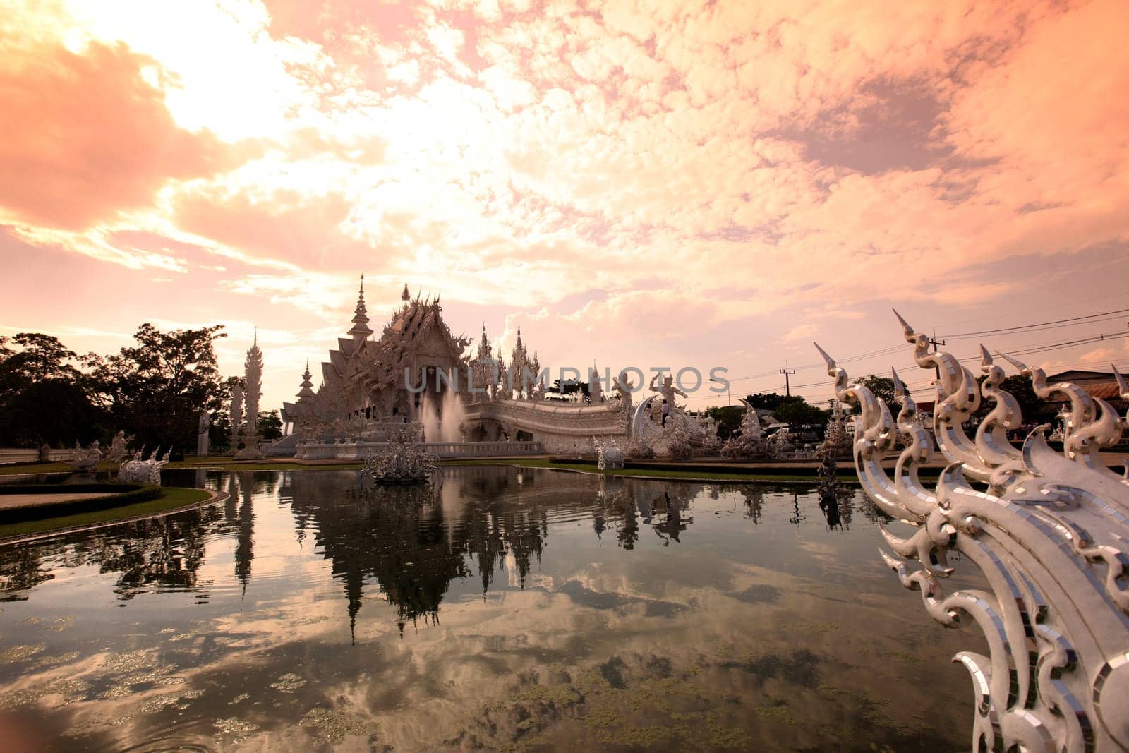 The temple Wat Rong Khun 12 km south of Chiang Rai in the province of chiang Rai in the north of Thailand in South East Asia.