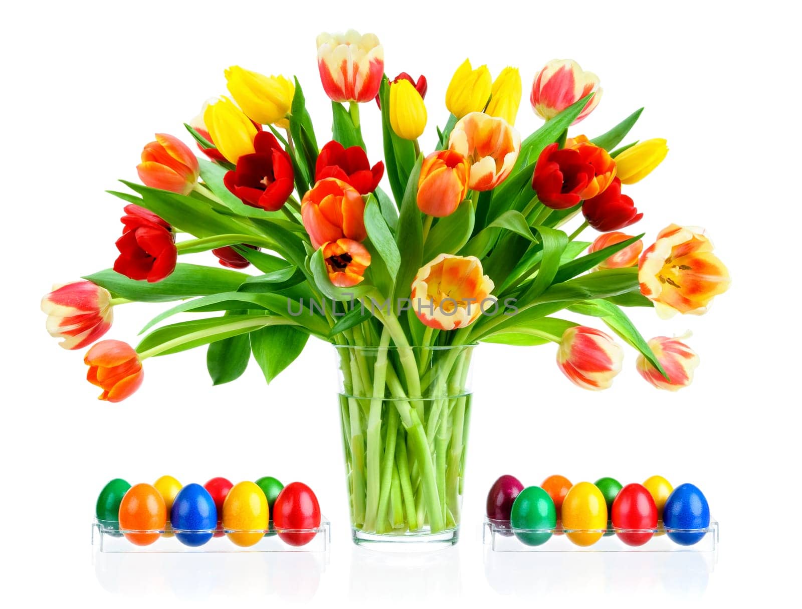 Colourful tulip bouquet and Easter eggs on a white background