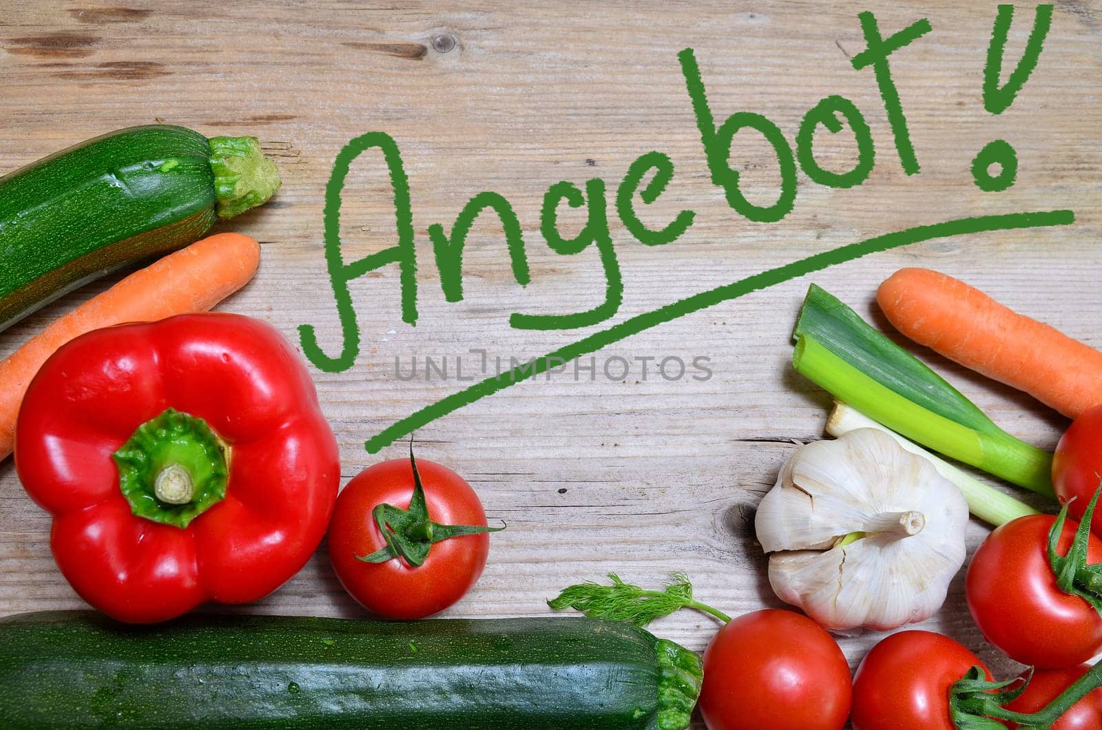 Organic table of fresh vegetables on wooden board