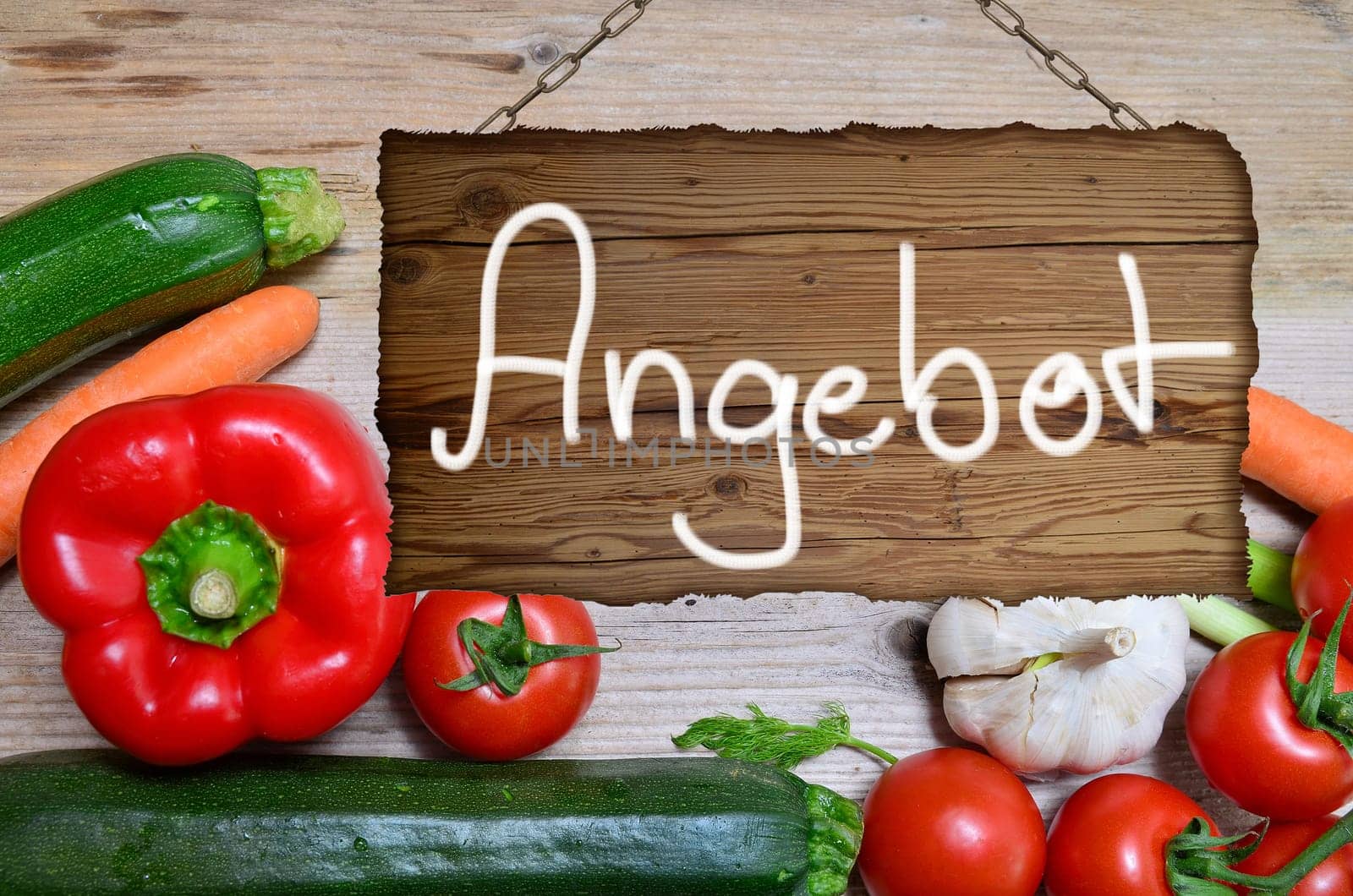 Table of fresh vegetables on wooden board