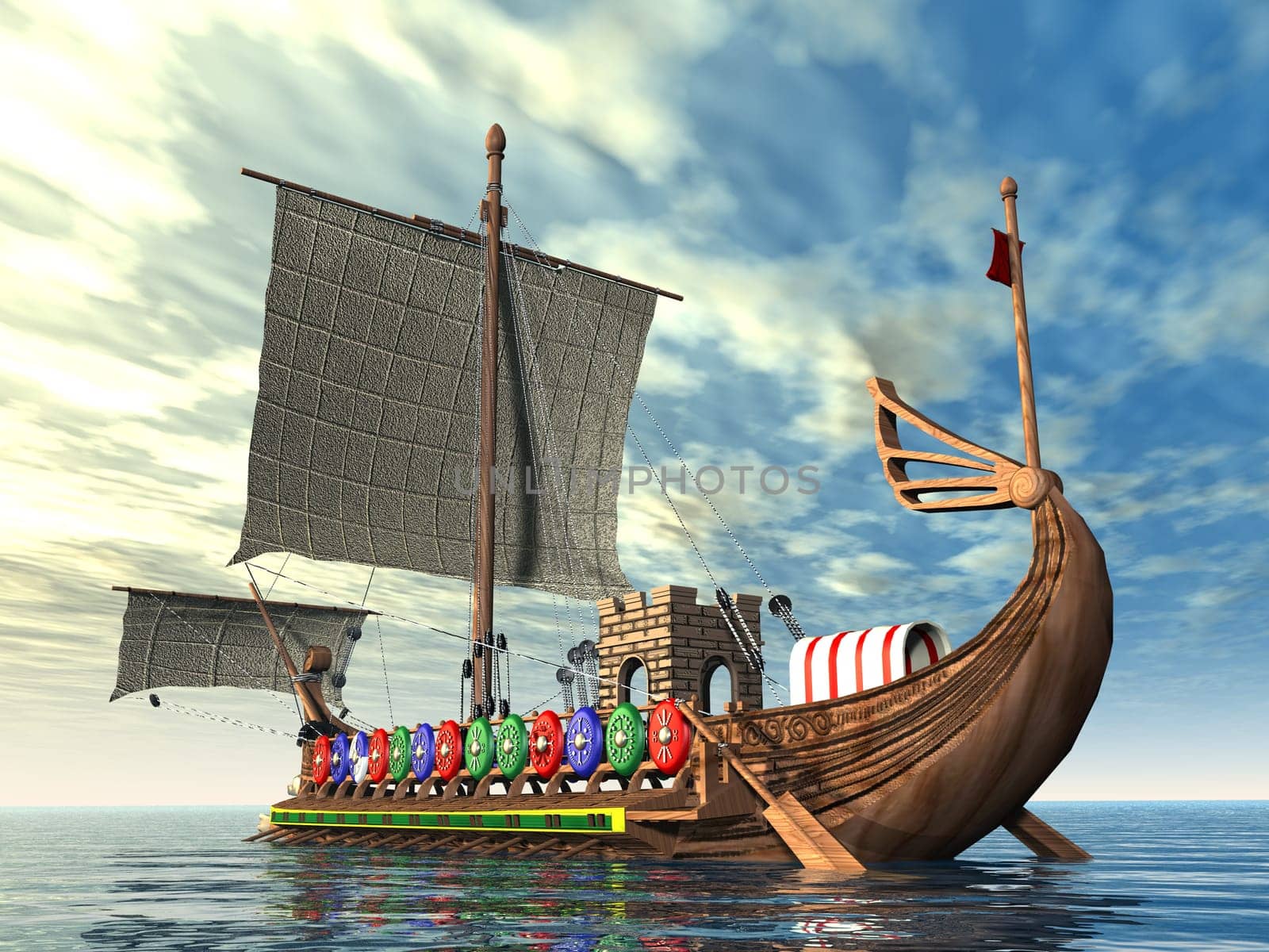 Computer-generated 3D illustration with a row-driven warship from ancient Rome