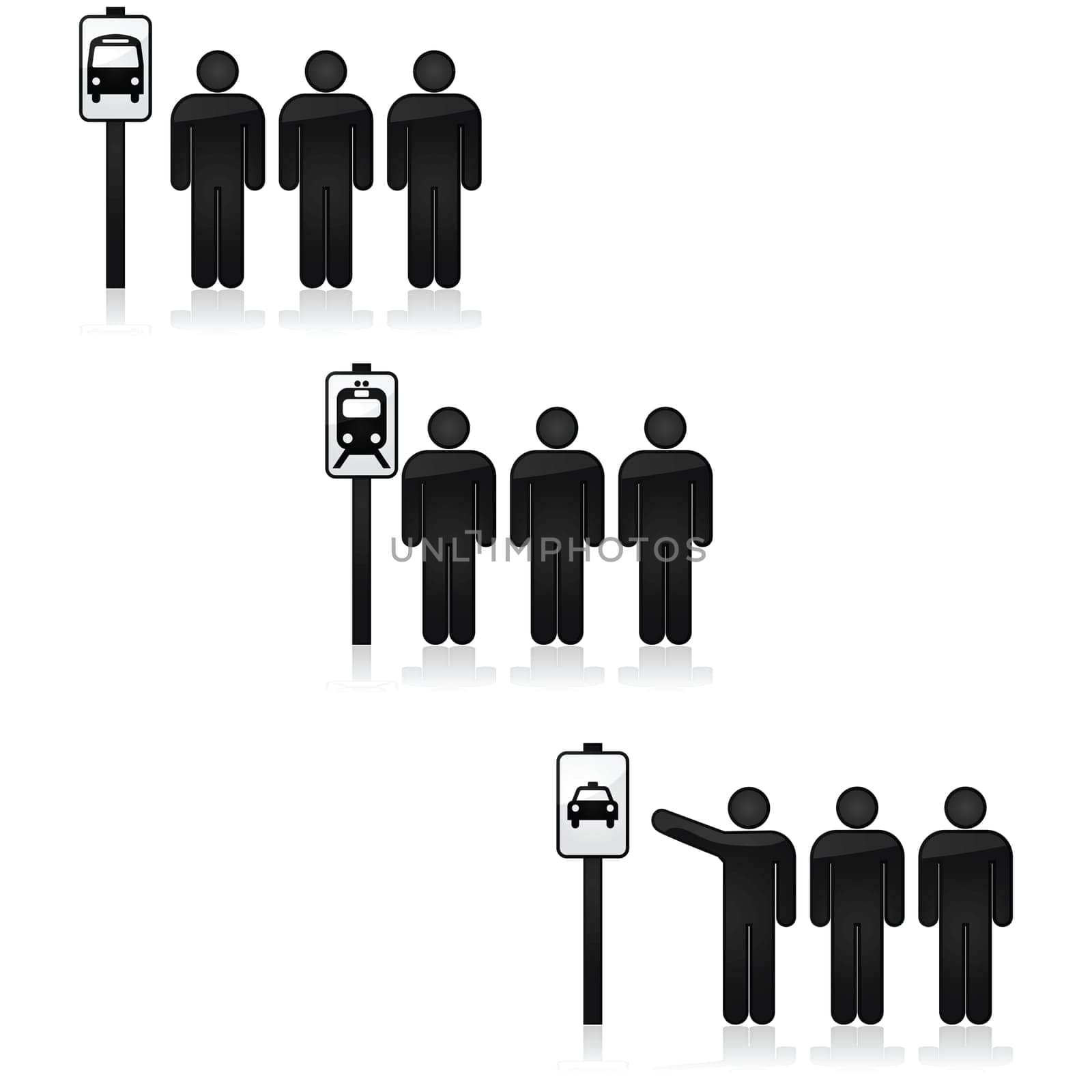 Icon set showing a bus stop, as well as a train and taxi stops