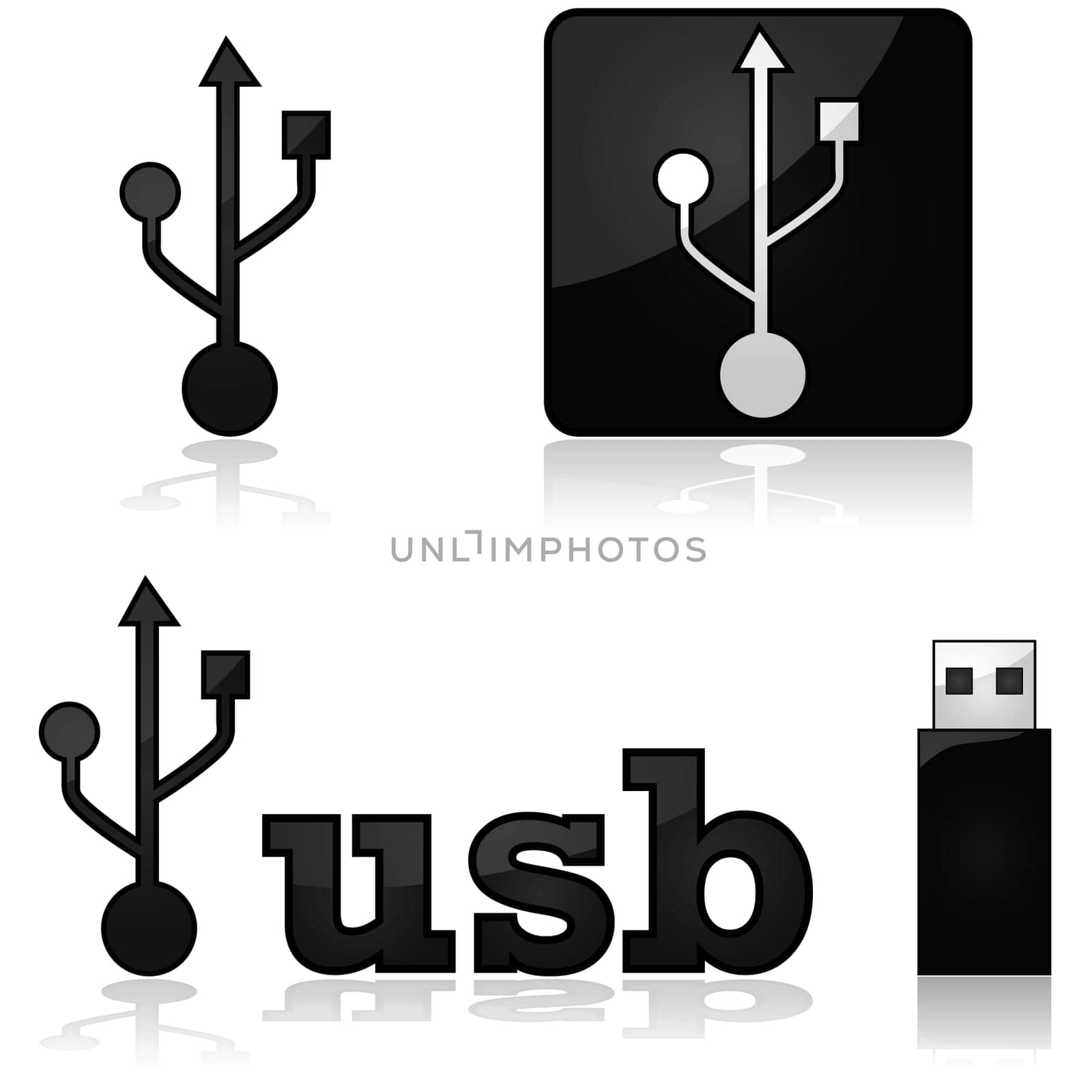 Icon set showing the sign for USB devices, as well as a memory stick beside the word USB