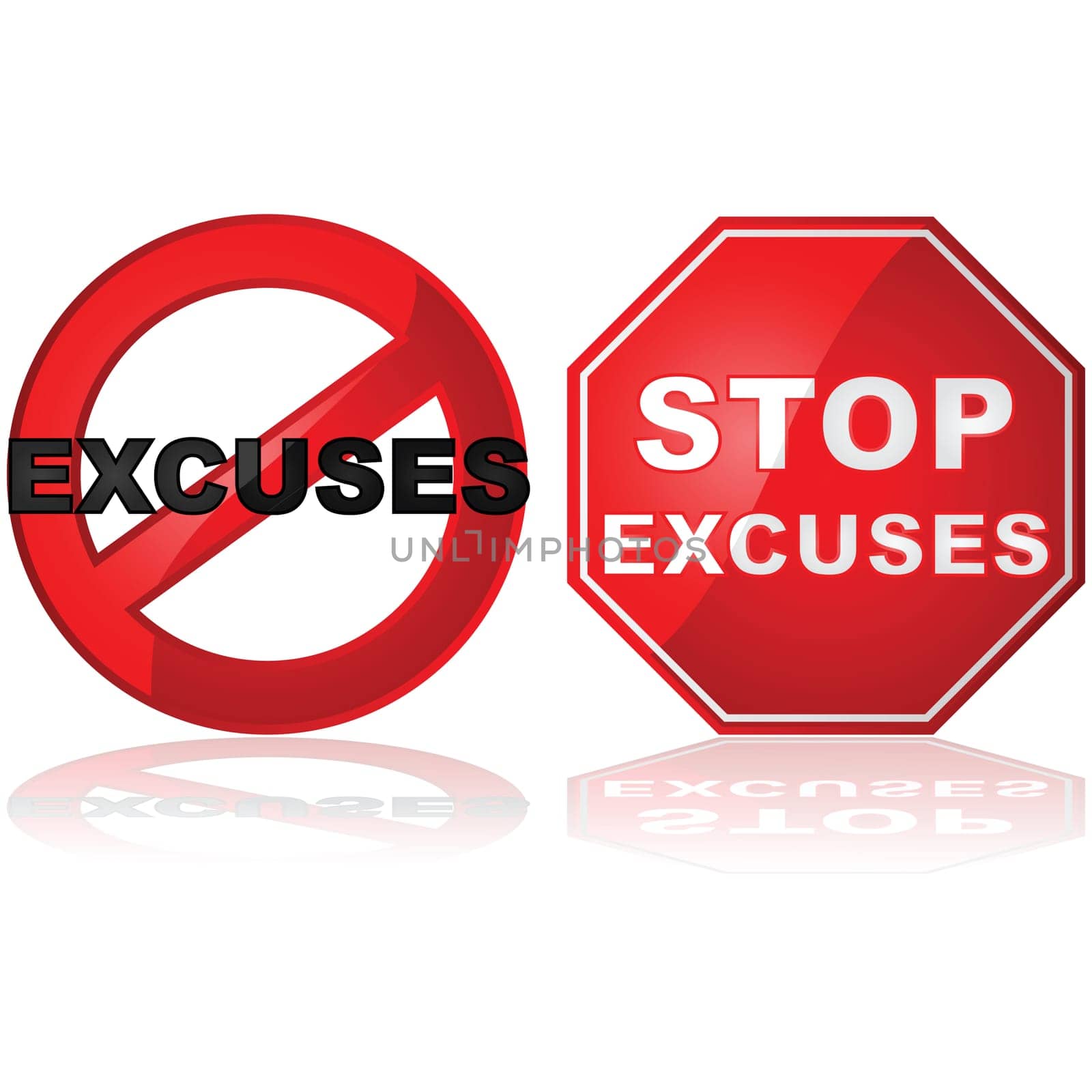Concept illustration showing a stop sign and a forbidden sign with the word excuses
