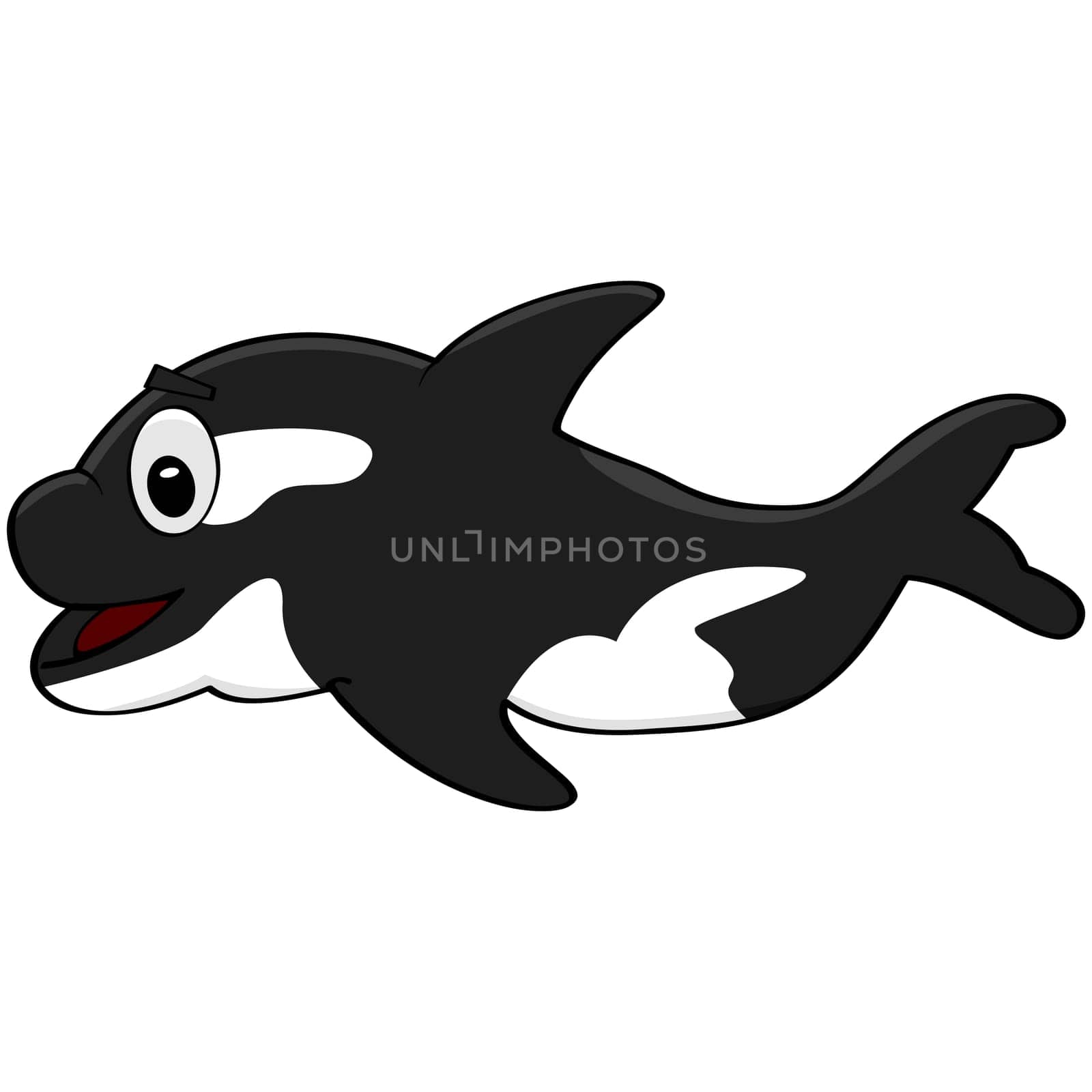 Cartoon illustration of an orca killer whale swimming happily