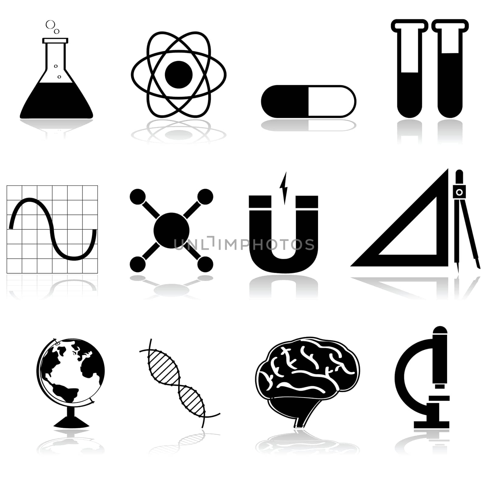 Icon set showing different science subjects from school and college