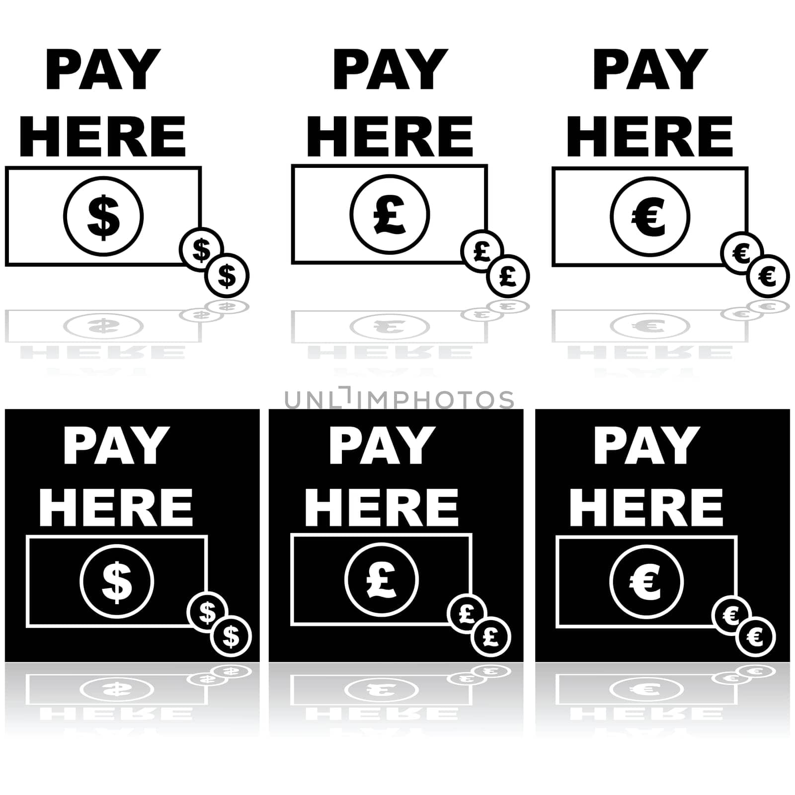 Icon set showing cash in different currencies and the words PAY HERE on top of it