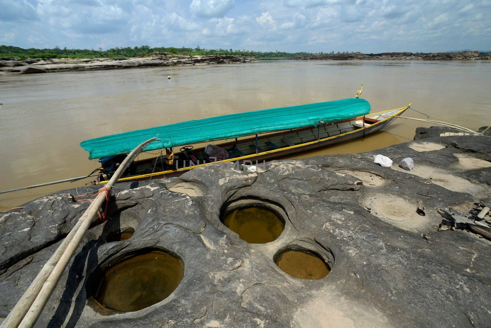 The stone landscape in the Mekong River of the Natural Park Sam Phan Bok near Lakhon Pheng on the Mekong River in the province of Amnat Charoen northwest of Ubon Ratchathani in northeastern Thailand in South East Asia.