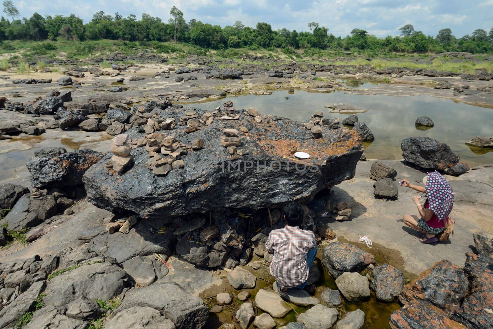 Fractures of a meteorite in the stone landscape in the Mekong River of the Sam Phan Bok Natural Park near Lakhon Pheng on the Mekong River in Amnat Charoen province northwest of Ubon Ratchathani in northeastern Thailand in South East Asia.