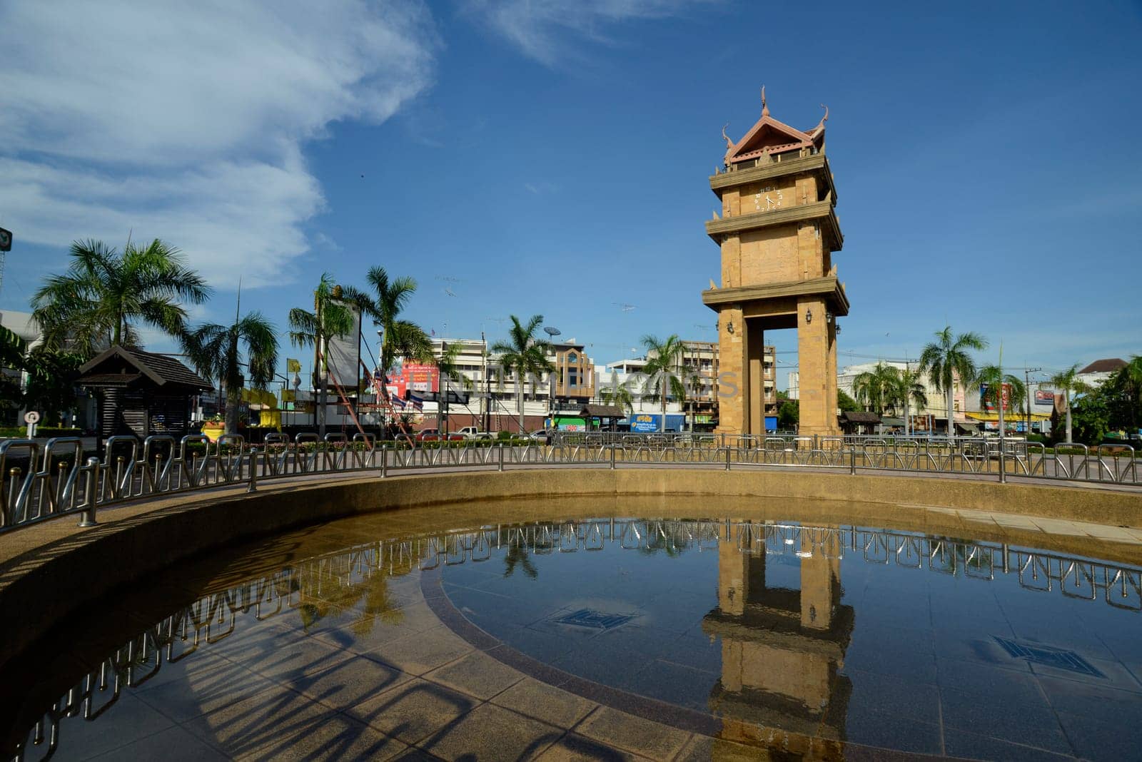 The clock tower in the center of the capital Amnat Charoen of the province of Amnat Charoen northwest of Ubon Ratchathani in northeastern Thailand in South East Asia.