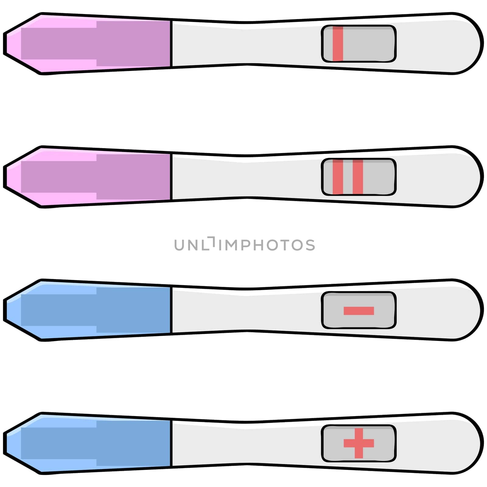Cartoon illustration showing two types of pregnancy tests with positive and negative results