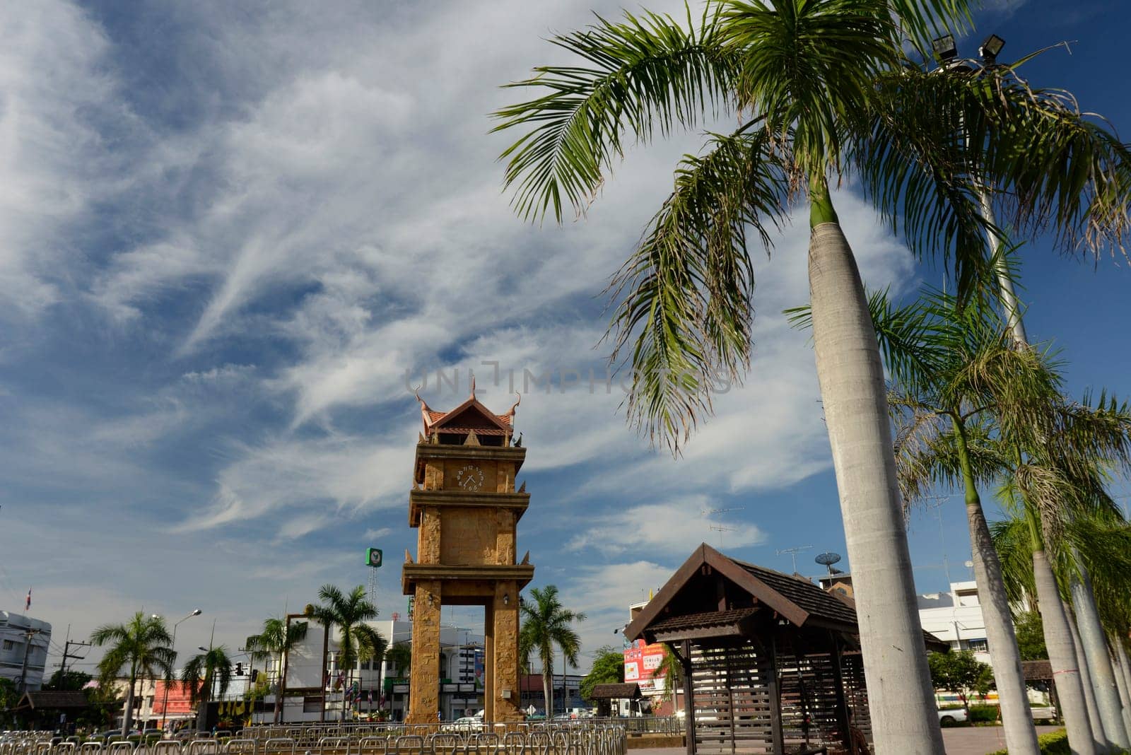 The clock tower in the center of the capital Amnat Charoen of the province of Amnat Charoen northwest of Ubon Ratchathani in northeastern Thailand in South East Asia.