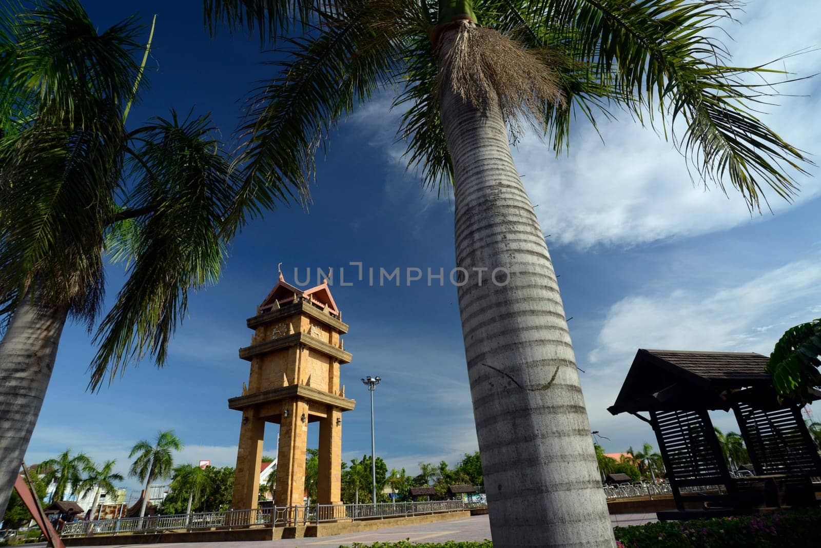 The clock tower in the center of the capital Amnat Charoen of the province of Amnat Charoen northwest of Ubon Ratchathani in northeastern Thailand in South East Asia.