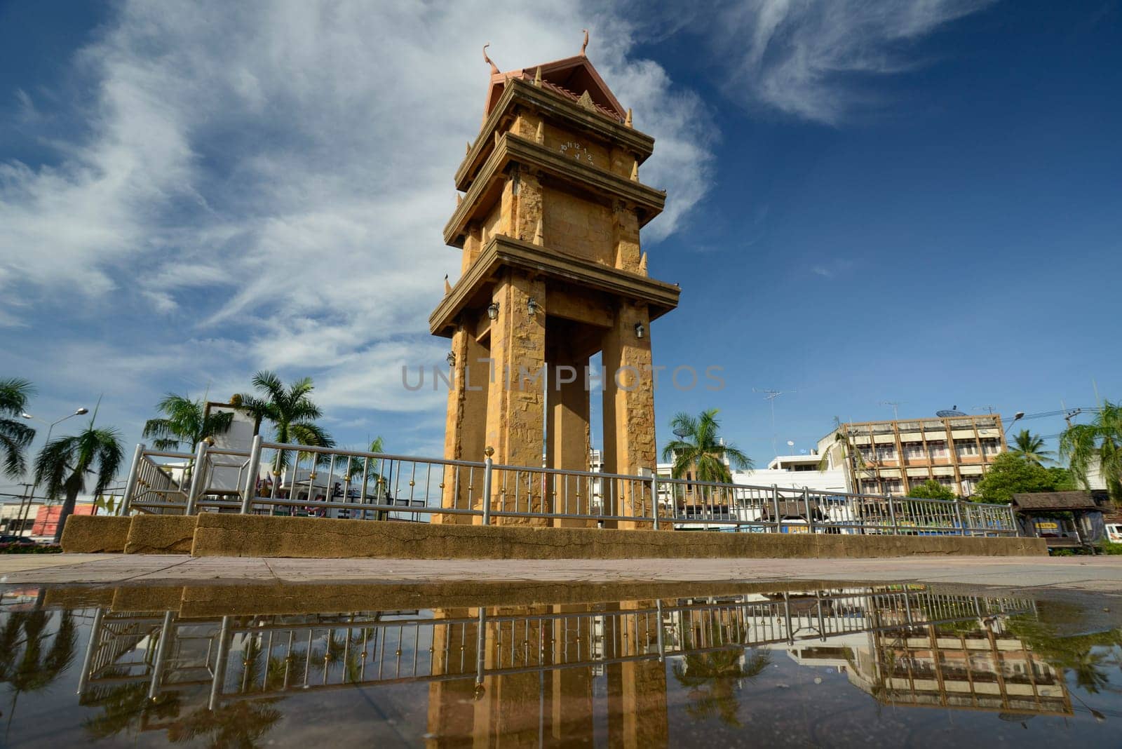 The clock tower in the center of the capital Amnat Charoen of the province of Amnat Charoen northwest of Ubon Ratchathani in northeastern Thailand in South East Asia.
