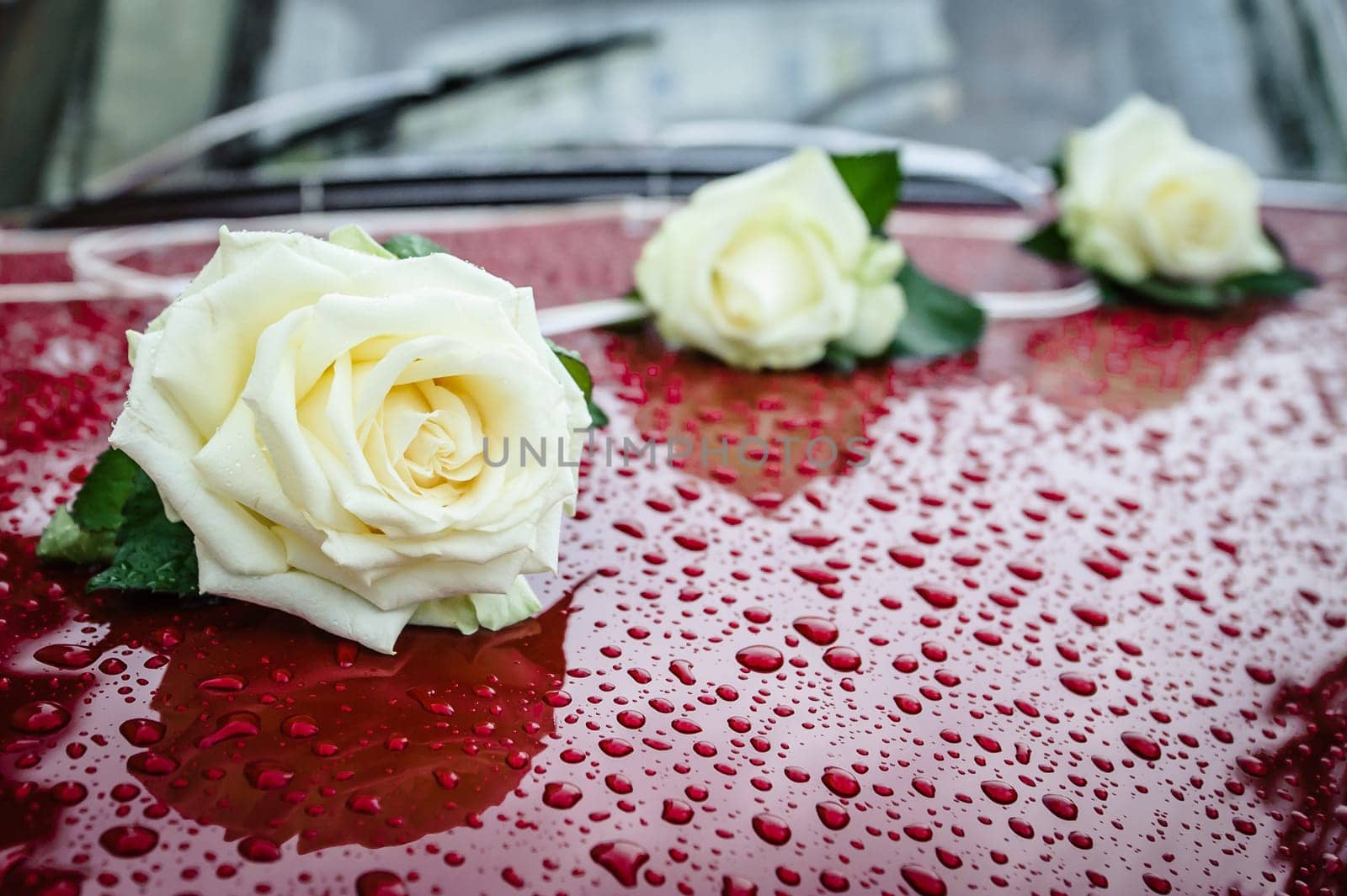 wedding car decoration,set of 3 white roses,claret or red car with raindrops on visible body of the car.