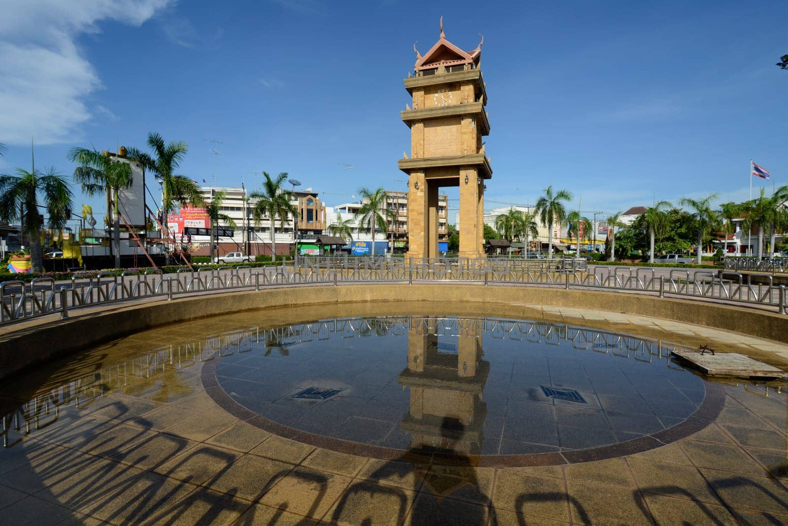 The clock tower in the center of the capital Amnat Charoen of the province of Amnat Charoen northwest of Ubon Ratchathani in northeastern Thailand in South East Asia.