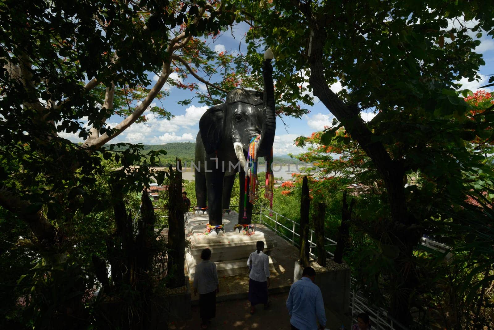 A stone elephant at Wat Tham Khu Ha Sawan Temple in Khong Jiam on the Mekong River near Pha Taem National Park near Ubon Ratchathani in northeastern Thailand in South East Asia.