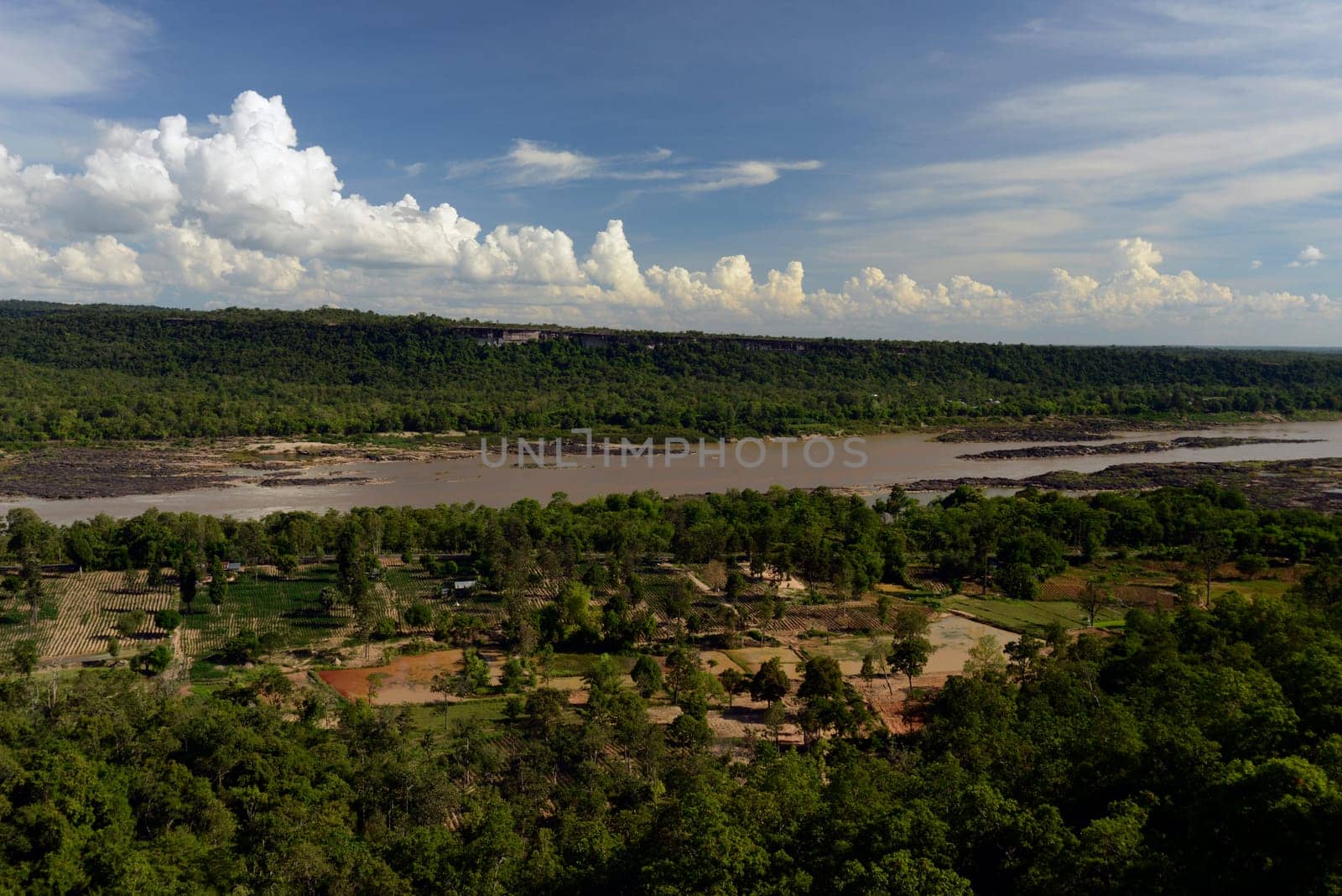 The landscape with views of the Mekong River from Pha Taem National Park at Khong Chiam near Ubon Ratchathani in northeastern Thailand in South East Asia.