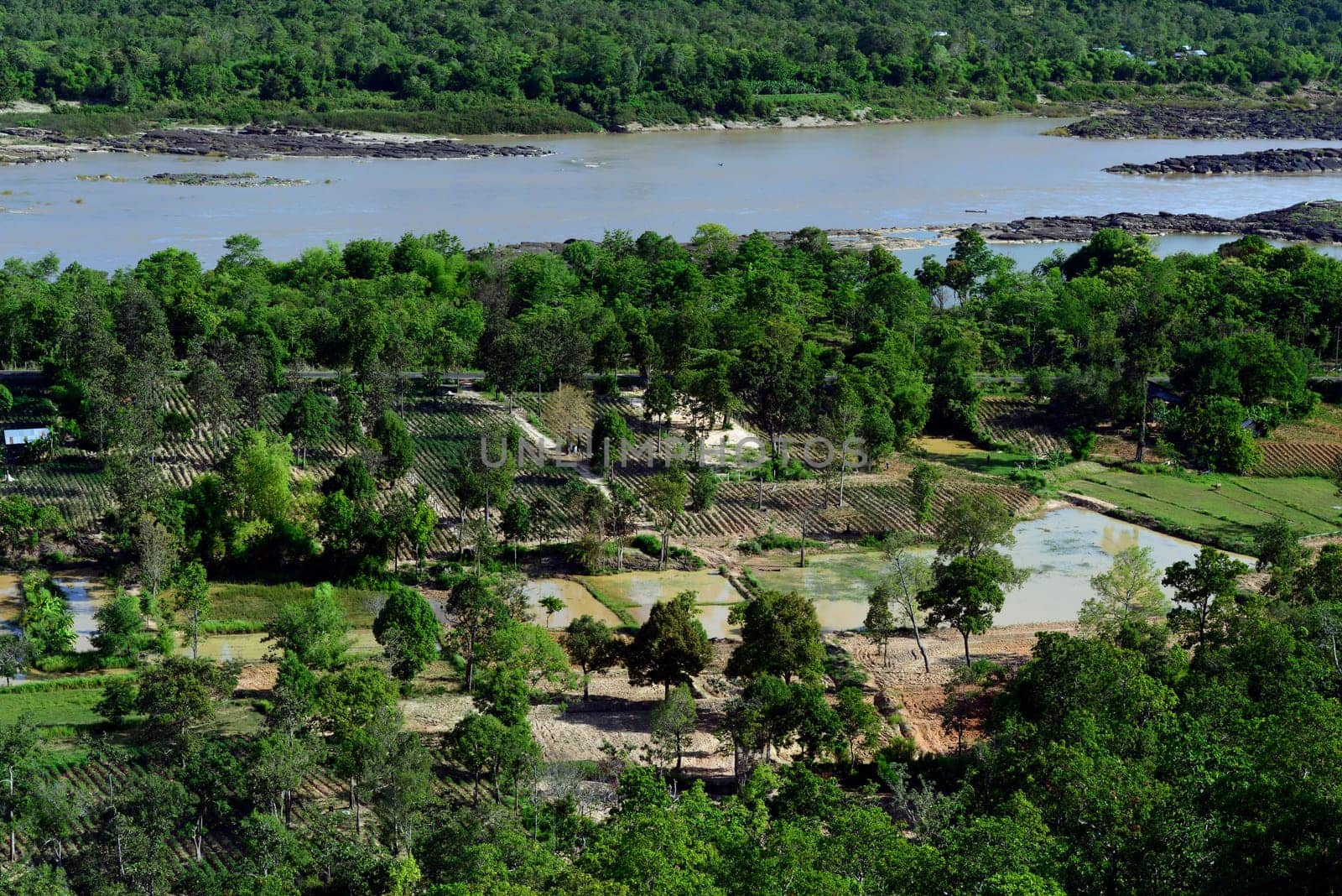 The landscape with views of the Mekong River from Pha Taem National Park at Khong Chiam near Ubon Ratchathani in northeastern Thailand in South East Asia.