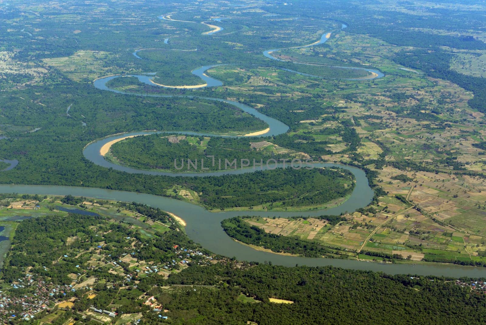 The landscape of an airplane over the surroundings of Ubon Ratchathani in the northeast of Thailand in South East Asia.