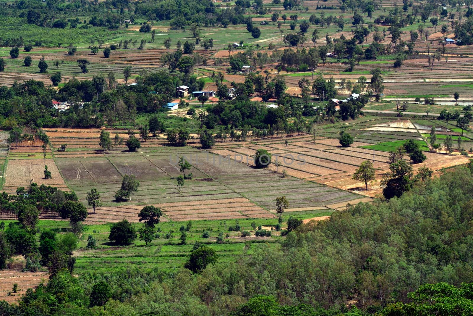 The landscape around the Great Temple or Chedi Phra Maha Chedi Chai Mongkhon on a hill near Roi Et in Roi Et province northwest of Ubon Ratchathani in northeastern Thailand in South East Asia.