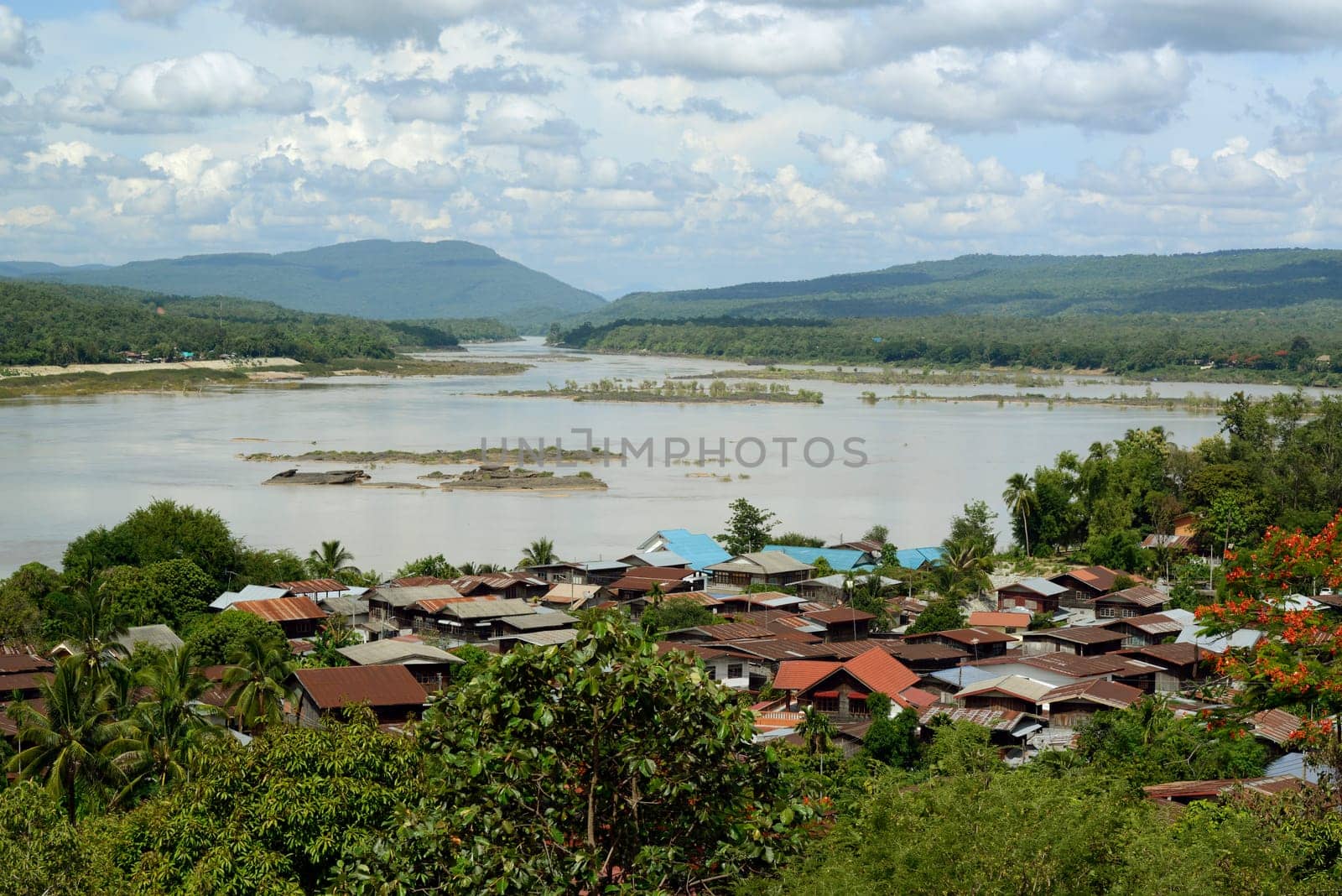 View from Wat Tham Khu Ha Sawan Temple in Khong Jiam on the Mekong River near Pha Taem National Park near Ubon Ratchathani in northeastern Thailand in South East Asia.