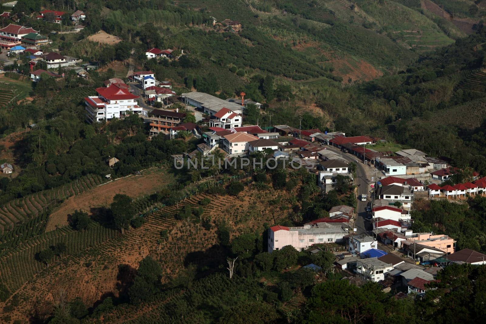 The center of the old mountain village Of Mae Salong in the hilly landscape of Chiang Rai in Chiang Rai Province in northern Thailand in South East Asia.