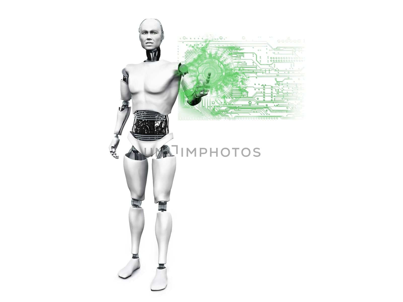 A male robot standing and pushing a technology button with his finger. White background.
