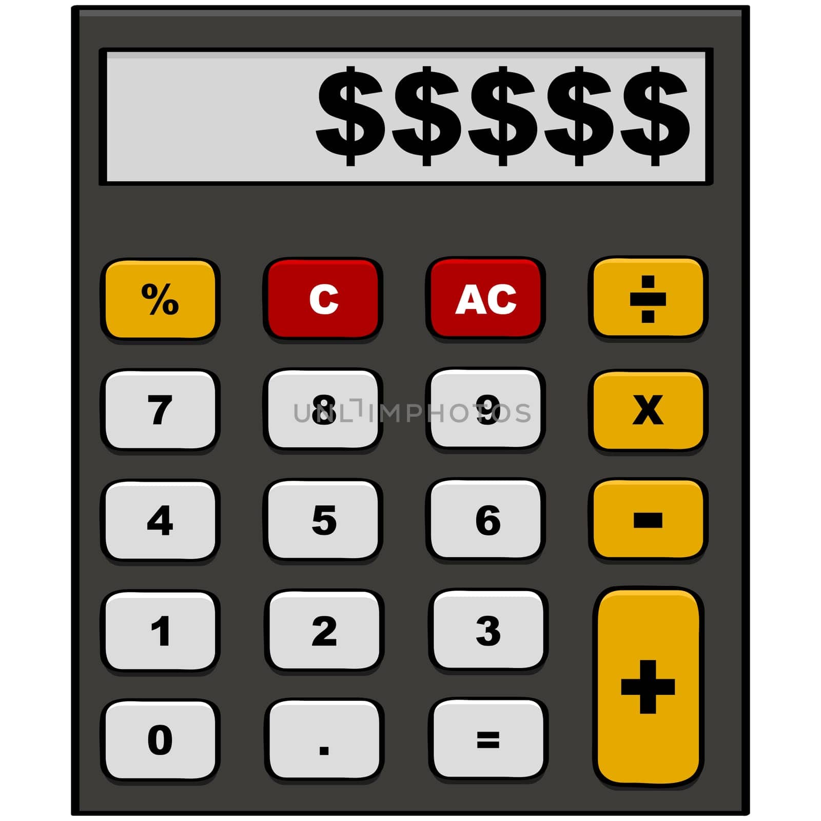 Cartoon illustration showing a calculator with dollar signs in the display area
