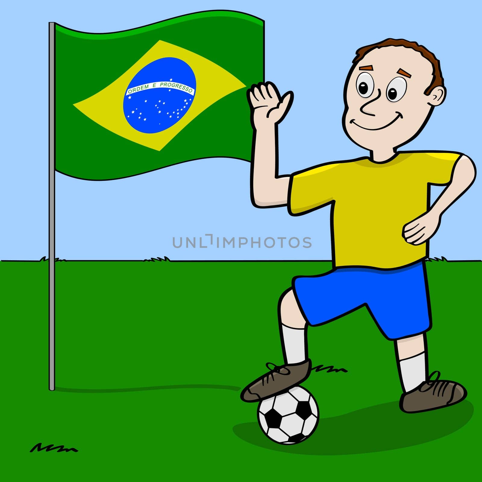 Cartoon illustration showing a Brazilian soccer player waving