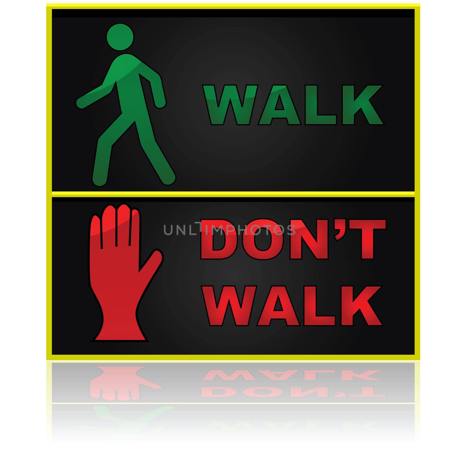 Illustration showing a walk and don't walk sign for pedestrians
