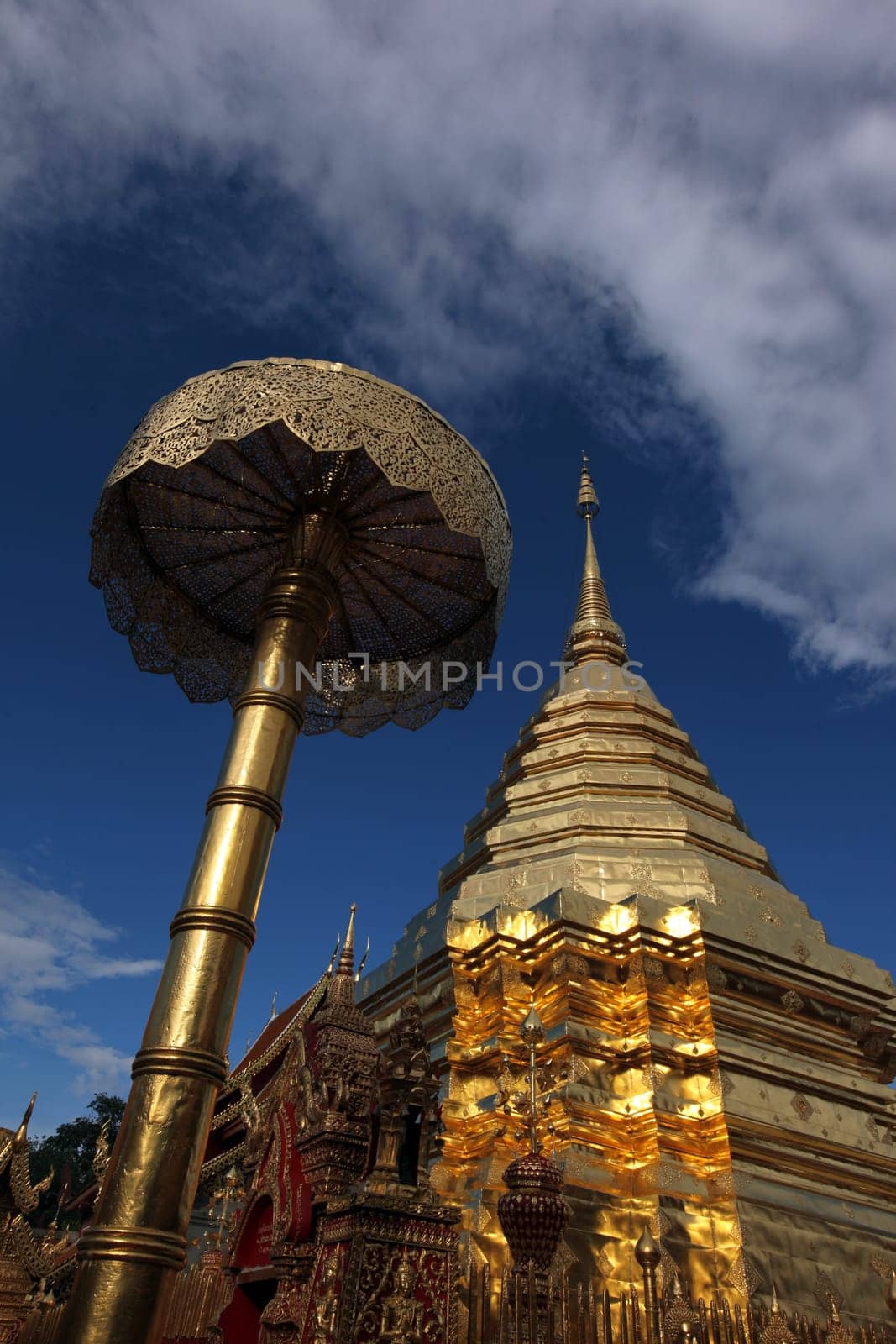 Der Chedi der Tempel Anlage des Wat Phra That Doi Suthep bei Chiang Mai in der Provinz Chiang Mai im Norden von Thailand in Suedostasien.