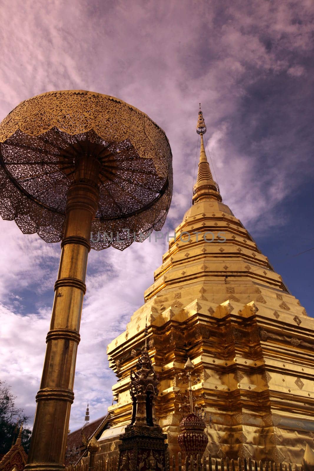 Der Chedi der Tempel Anlage des Wat Phra That Doi Suthep bei Chiang Mai in der Provinz Chiang Mai im Norden von Thailand in Suedostasien.