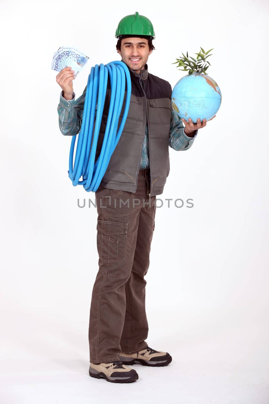 Construction worker holding a globe