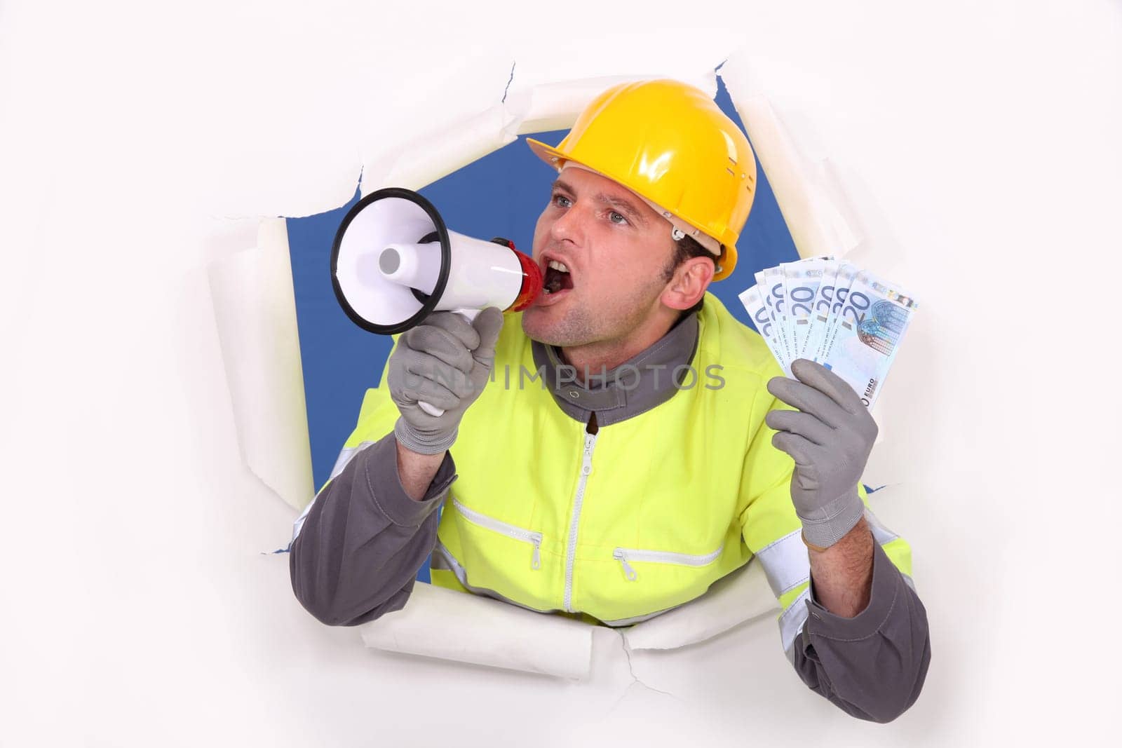 Construction worker with megaphone and money