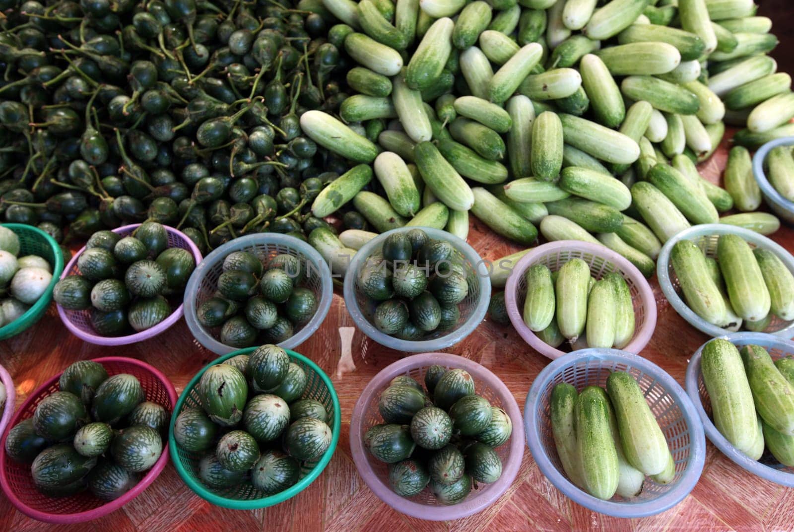Gemuese at the market in the provincial capital Amnat Charoen in the province of Amnat Charoen in the Isan in northeastern Thailand.