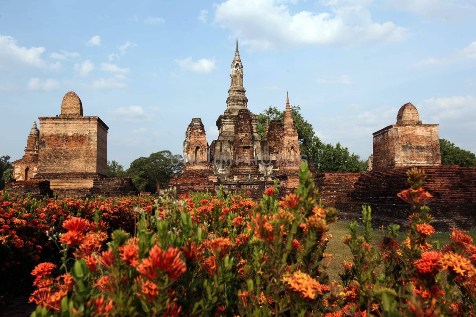The Wat Mahathat Temple in the temple complex of Alt-Sukhothai in the province of Sukhothai in the north of Thailand in South East Asia.