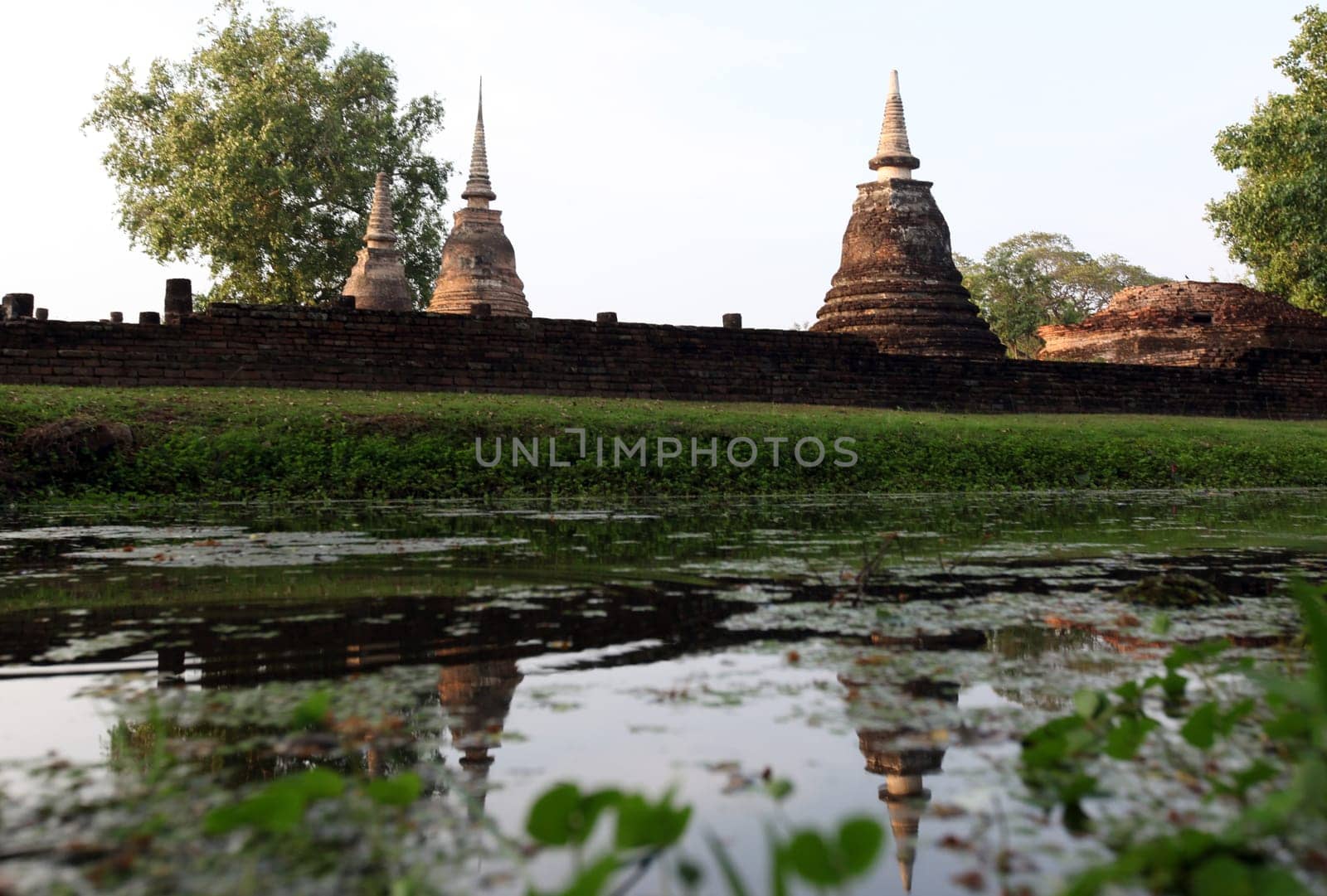 A chedi at the Wat Mahathat Temple in the temple complex of Alt-Sukhothai in Sukhothai province in northern Thailand in South East Asia.