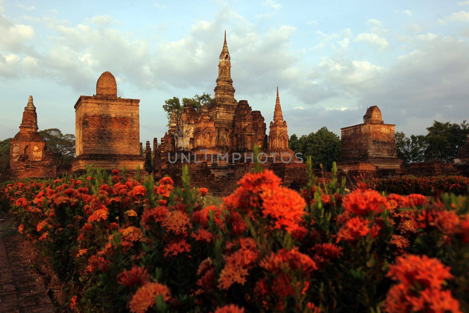 The Wat Mahathat Temple in the temple complex of Alt-Sukhothai in the province of Sukhothai in the north of Thailand in South East Asia.