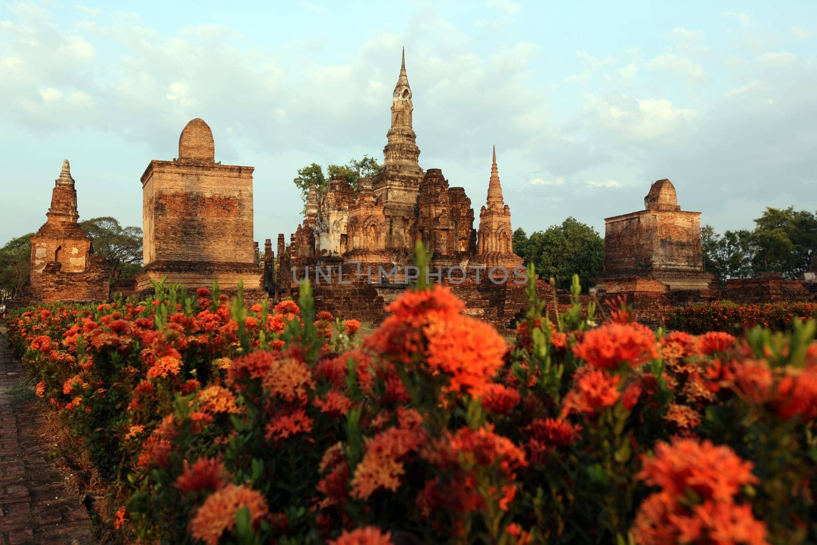 The Wat Mahathat Temple in the temple complex of Alt-Sukhothai in the province of Sukhothai in the north of Thailand in South East Asia.