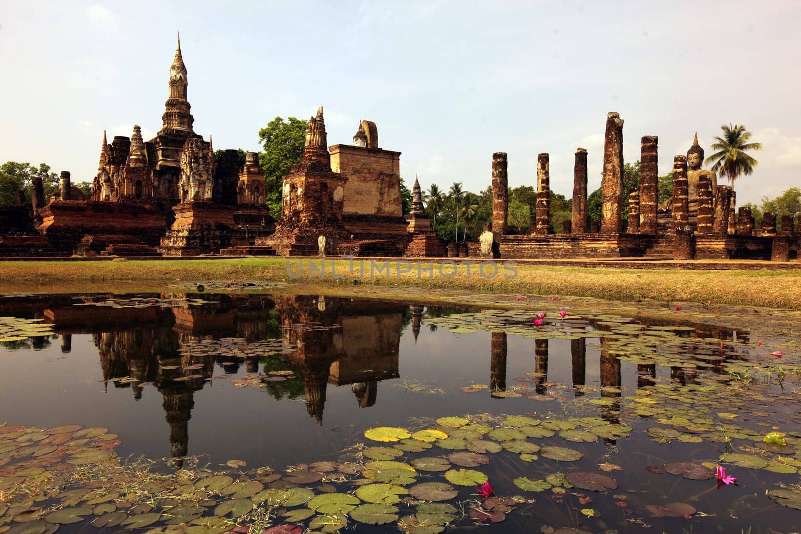 The Wat Mahathat Temple in the temple complex of Alt-Sukhothai in the province of Sukhothai in the north of Thailand in South East Asia.