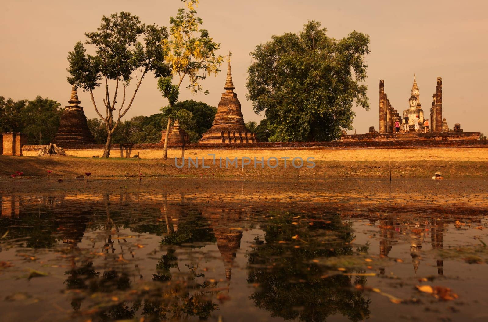 A chedi at the Wat Mahathat Temple in the temple complex of Alt-Sukhothai in Sukhothai province in northern Thailand in South East Asia.