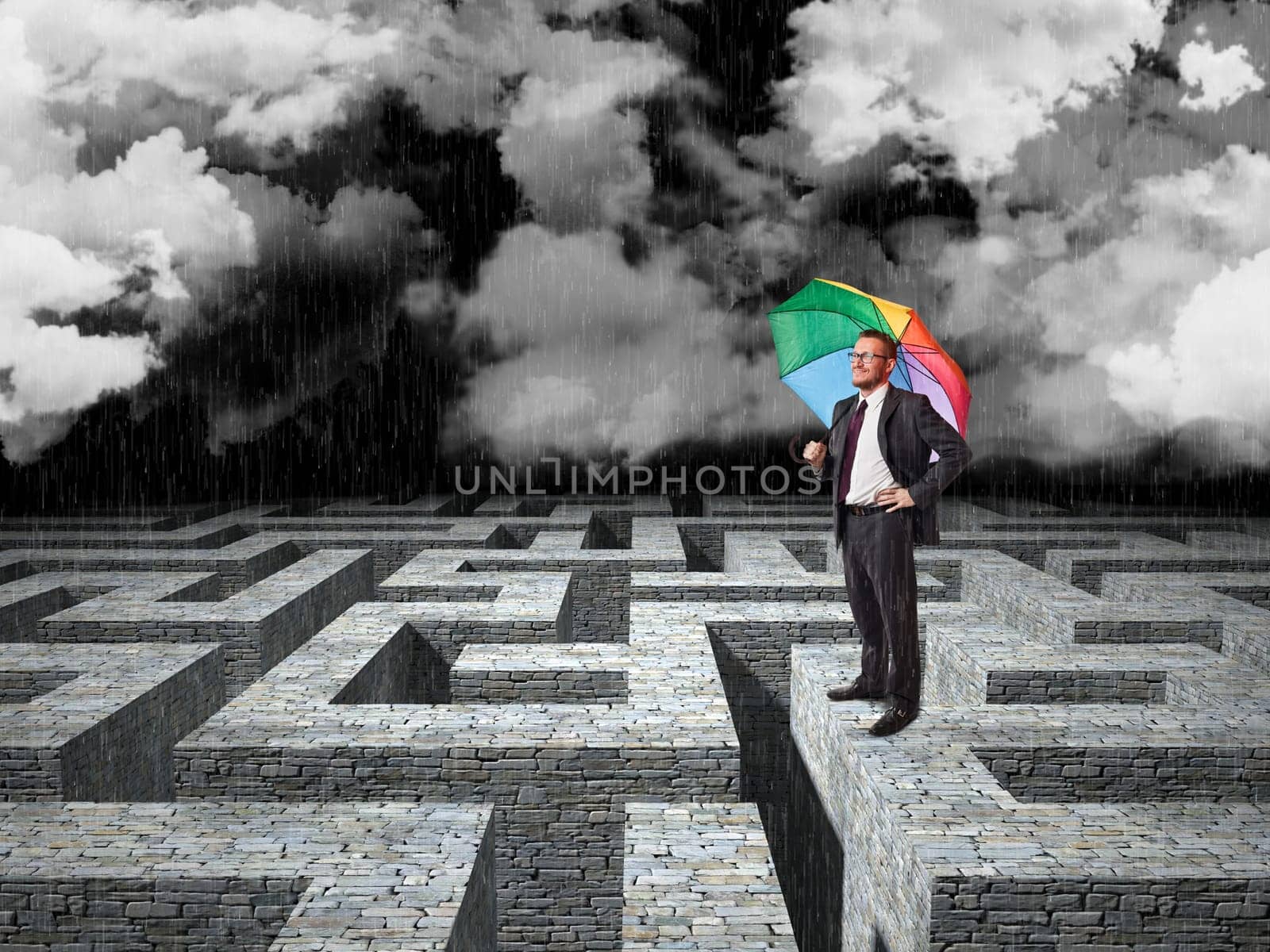 man with umbrella and 3d maze background
