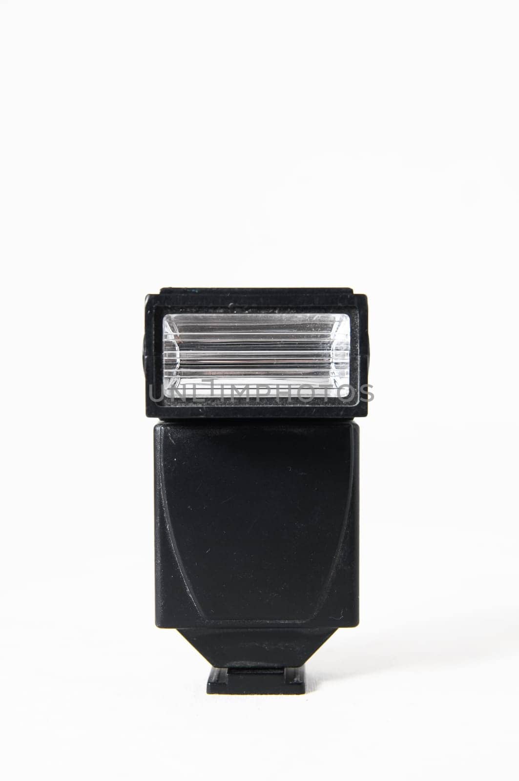 Black Photo Camera Flash on a White Background