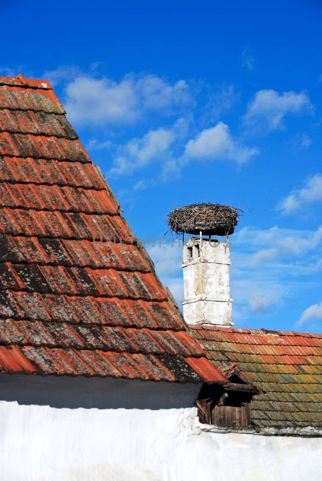 Roof of an old house with smoke trap and nest without stork in it