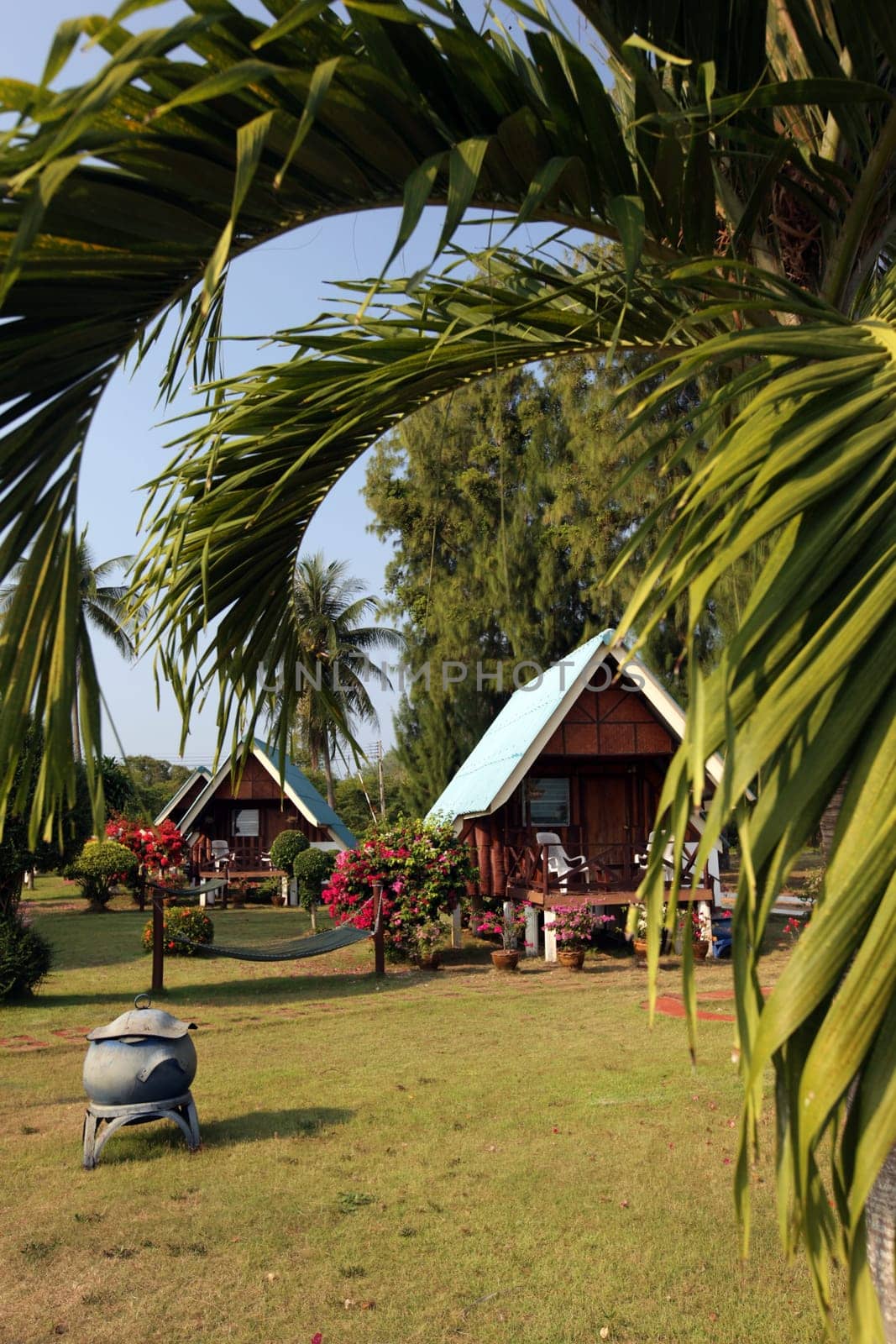 A bungalow on the beach at Chumphon at the ship station for the onward to the island of To Tao in the Gulf of Thailand in the south-west of Thailand in South East Asia