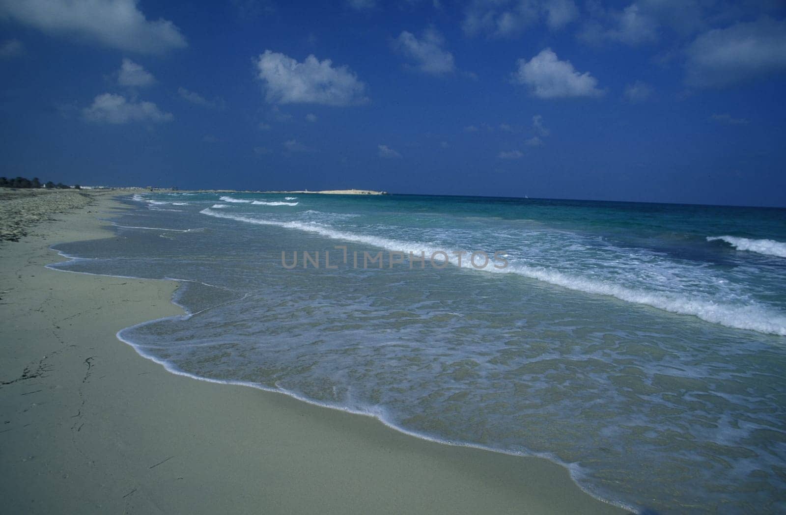 A sandy beach on the island of Jierba in the south of Tunisia in North Africa.